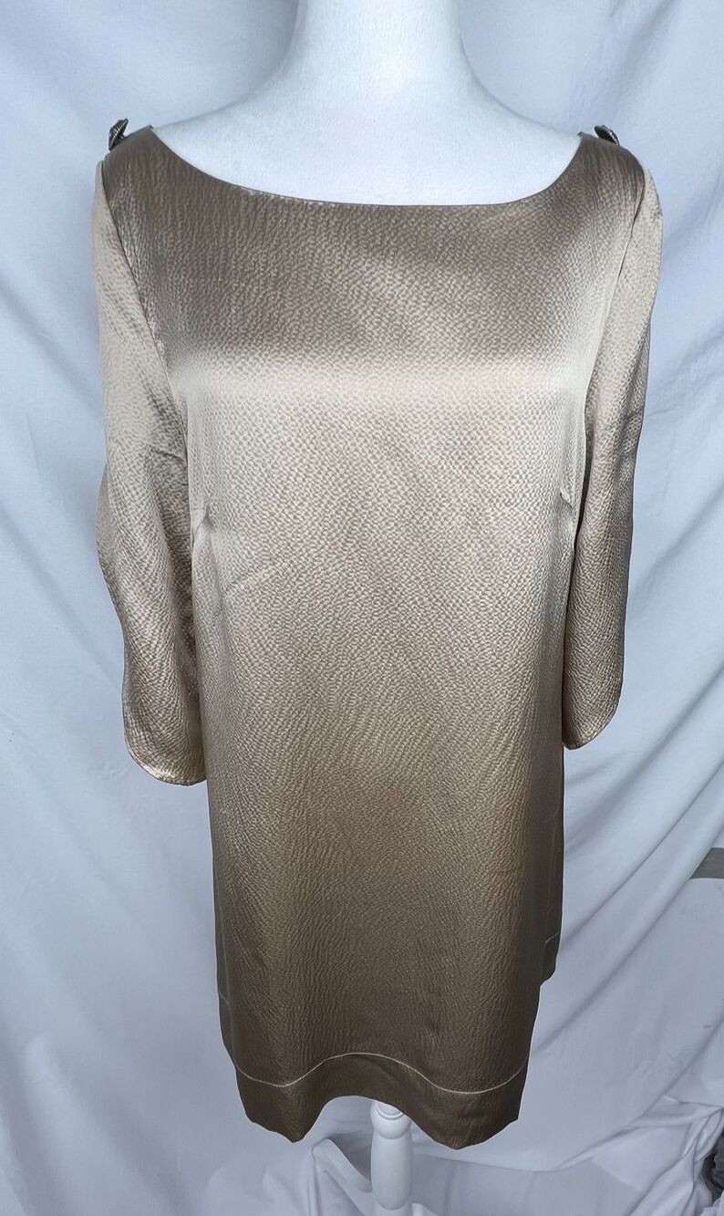 BCBGMAXAZRIA Women M 100% Hammered Silk Dress Champagne Jeweled Split Sleeve REA